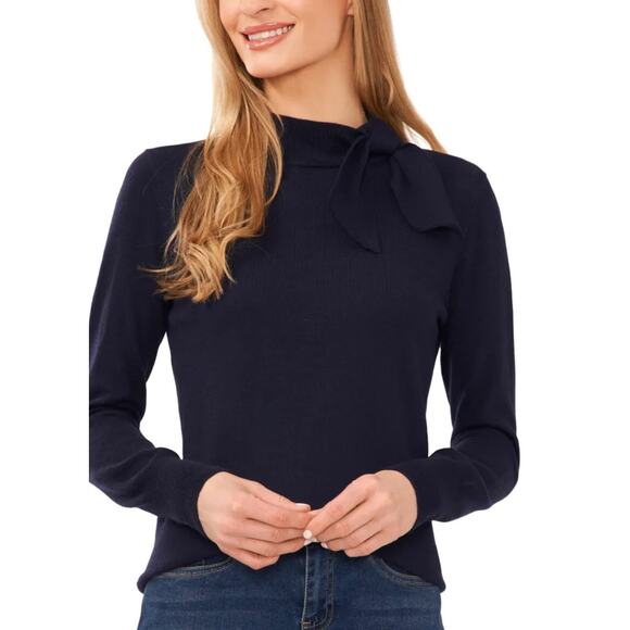 CeCe Bow Mock Neck Sweater S Navy Blue NWT Turtleneck Smock Sleeve Demure Preppy - Picture 1 of 6